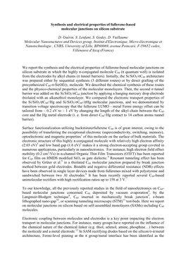 Synthesis and Electrical Properties of Fullerene-Based Molecular Junctions on Silicon Substrate D. Guérin, S. Lenfant, S. Gode