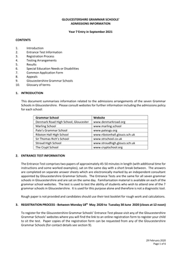 Gloucestershire Grammar Schools’ Admissions Information