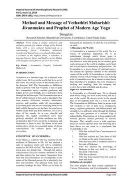 Method and Message of Vethathiri Maharishi: Jivanmukta and Prophet of Modern Age Yoga