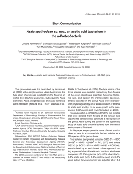 Asaia Spathodeae Sp. Nov., an Acetic Acid Bacterium in the Α-Proteobacteria