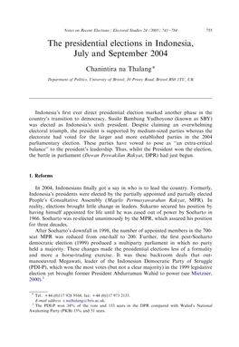 Electoral Studies 24 (2005) 741E784 755 the Presidential Elections in Indonesia, July and September 2004