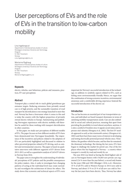 User Perceptions of Evs and the Role of Evs in the Transition to Low-Carbon Mobility