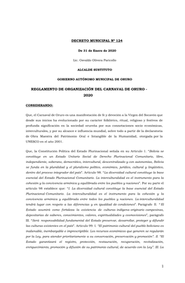 Reglamento De Organización Del Carnaval De Oruro - 2020