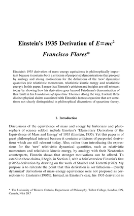 Einstein's 1935 Derivation of E Mc2 Francisco Flores