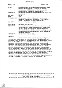 DOCUMENT RESUME ED 312 972 HE 023 034 TITLE State Oversight