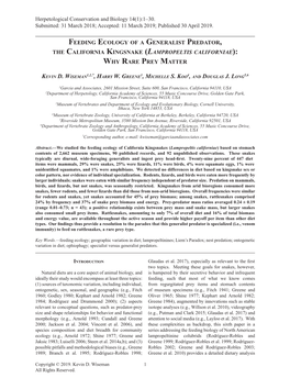 Feeding Ecology of a Generalist Predator, the California Kingsnake (Lampropeltis Californiae): Why Rare Prey Matter