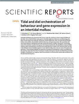 Tidal and Diel Orchestration of Behaviour and Gene Expression in an Intertidal Mollusc Received: 13 June 2017 Y