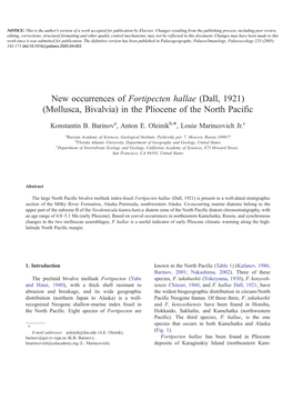 New Occurrences of Fortipecten Hallae (Dall, 1921) (Mollusca, Bivalvia) in the Pliocene of the North Pacific