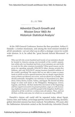 Adventist Church Growth and Mission Since 1863: an Historical–Sta