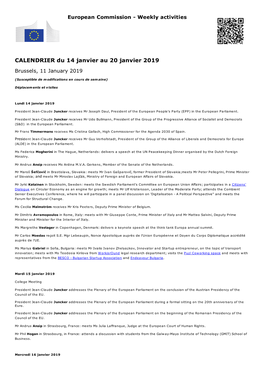 CALENDRIER Du 14 Janvier Au 20 Janvier 2019 Brussels, 11 January 2019