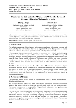 Studies on the Soil Oribatid Mite (Acari: Oribatida) Fauna of Western Vidarbha, Maharashtra, India
