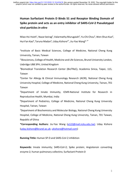 Human Surfactant Protein D Binds S1 and Receptor Binding Domain of Spike Protein and Acts As an Entry Inhibitor of SARS-Cov-2 Pseudotyped Viral Particles in Vitro