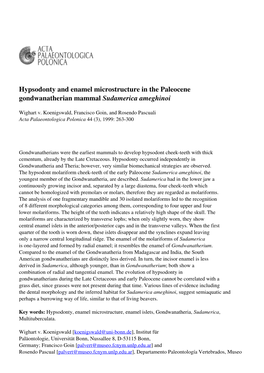 Hypsodonty and Enamel Microstructure in the Paleocene Gondwanatherian Mammal Sudamerica Ameghinoi