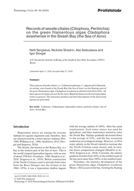 Records of Sessile Ciliates (Ciliophora, Peritrichia) on the Green Filamentous Algae Cladophora Sivashensis in the Sivash Bay (The Sea of Azov)