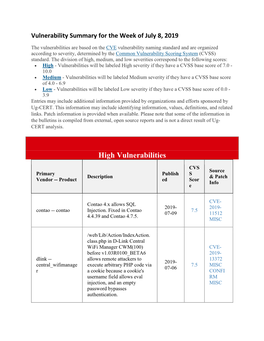 Vulnerability Summary for the Week of July 8, 2019.Pdf