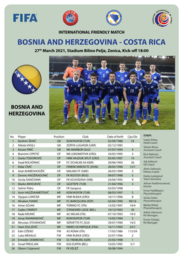 COSTA RICA 27Th March 2021, Stadium Bilino Polje, Zenica, Kick-Off 18:00