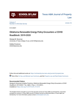 Oklahoma Renewable Energy Policy Encounters a COVID Roadblock: 2019-2020