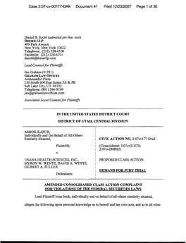 Ashok Kapur, Et Al. V. USANA Health Sciences, Inc., Et Al. 07-CV-00177-Amended Consolidated Class Action Complaint for Violation