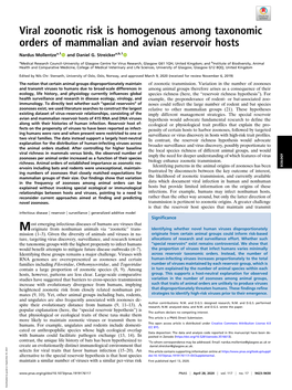 Viral Zoonotic Risk Is Homogenous Among Taxonomic Orders of Mammalian and Avian Reservoir Hosts