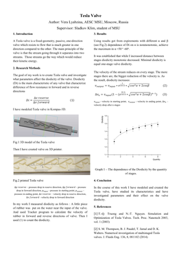 Tesla Valve Author: Vera Lyabzina, AESC MSU, Moscow, Russia Supervisor: Sladkov Klim, Student of MSU 1