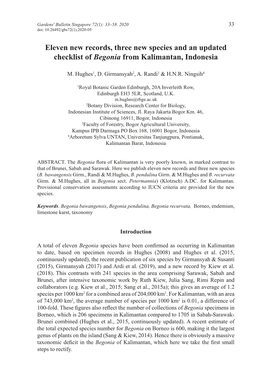 Eleven New Records, Three New Species and an Updated Checklist of Begonia from Kalimantan, Indonesia