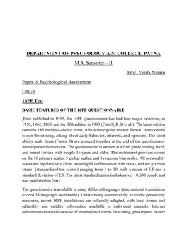 DEPARTMENT of PSYCHOLOGY A.N. COLLEGE, PATNA M.A. Semester – II Prof. Vinita Narain Paper -9 Psychological Assessment Unit-3 16PF Test