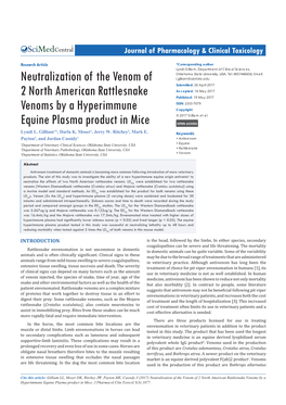 Neutralization of the Venom of 2 North American Rattlesnake Venoms by a Hyperimmune Equine Plasma Product in Mice