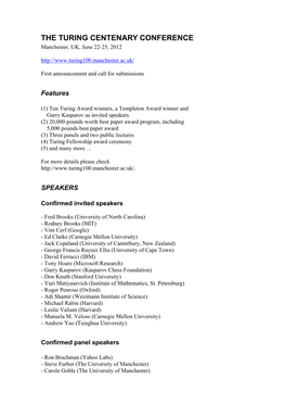 THE TURING CENTENARY CONFERENCE Manchester, UK, June 22-25, 2012