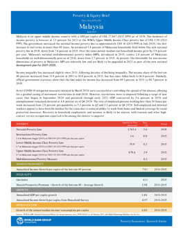 Malaysia April 2021 Malaysia Is an Upper Middle Income Country with a GNI Per Capita of US$ 27,607 (2017 PPP) As of 2019