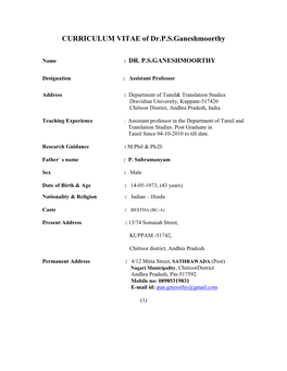 CURRICULUM VITAE of Dr.P.S.Ganeshmoorthy