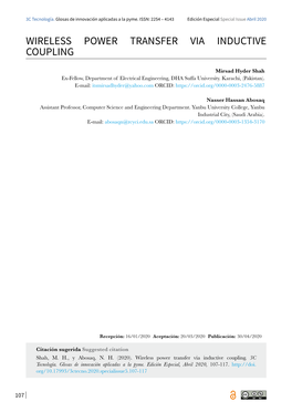 WIRELESS POWER TRANSFER VIA INDUCTIVE COUPLING Mirsad Hyder Shah Ex-Fellow, Department of Electrical Engineering, DHA Suffa University