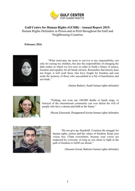 Gulf Centre for Human Rights (GCHR) - Annual Report 2015: Human Rights Defenders in Prison and in Peril Throughout the Gulf and Neighbouring Countries