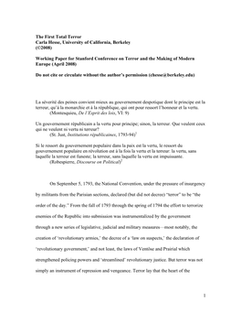 1 the First Total Terror Carla Hesse, University of California, Berkeley (©2008) Working Paper for Stanford Conference on Terro