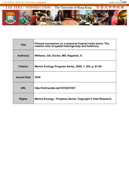 Title Primary Succession on a Seasonal Tropical Rocky Shore