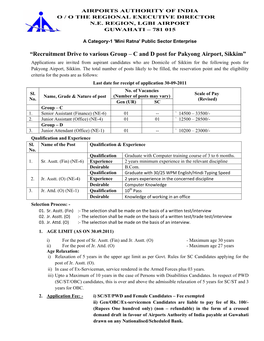 Recruitment Drive to Various Group – C and D Post for Pakyong Airport, Sikkim”