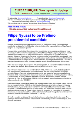 Filipe Nyussi to Be Frelimo Presidential Candidate