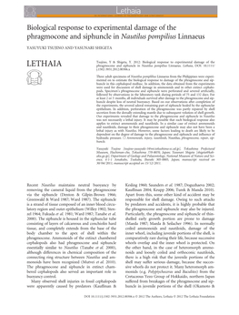 Biological Response to Experimental Damage of the Phragmocone and Siphuncle in Nautilus Pompilius Linnaeus