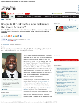 Shaquille O'neal Wants a New Nickname: the 'Green Monster'? - Csmonitor.Com