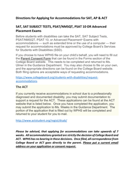 Directions for Applying for Accommodations for SAT, AP & ACT SAT, SAT SUBJECT TESTS, PSAT/NMSQT, PSAT 10 O