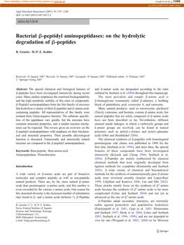 Bacterial Β-Peptidyl Aminopeptidases: on the Hydrolytic Degradation of Β-Peptides