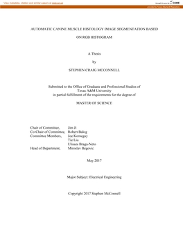 AUTOMATIC CANINE MUSCLE HISTOLOGY IMAGE SEGMENTATION BASED on RGB HISTOGRAM a Thesis by STEPHEN CRAIG MCCONNELL Submitted To