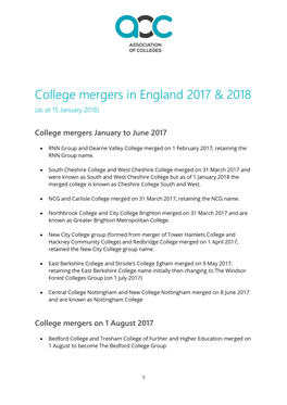 College Mergers in England 2017 & 2018