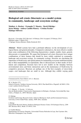 Biological Soil Crusts (Biocrusts) As a Model System in Community, Landscape and Ecosystem Ecology