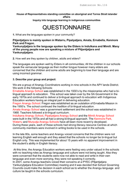 House of Representatives Standing Committee on Aboriginal and Torres Strait Islander Affairs Inquiry Into Language Learning in Indigenous Communities QUESTIONNAIRE