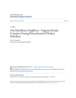 Virginia's Border Counties During Pennsylvania's Whiskey Rebellion Kevin T