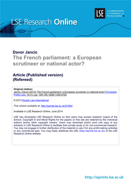 The French Parliament: a European Scrutineer Or National Actor?