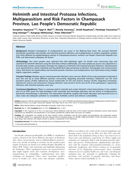 Helminth and Intestinal Protozoa Infections, Multiparasitism and Risk Factors in Champasack Province, Lao People’S Democratic Republic
