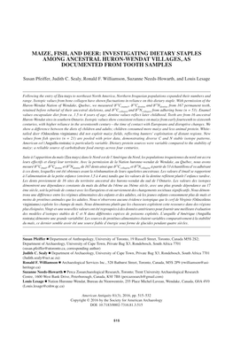 Maize, Fish, and Deer: Investigating Dietary Staples Among Ancestral Huron-Wendat Villages, As Documented from Tooth Samples