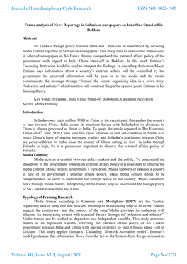 Journal of Interdisciplinary Cycle Research Volume XII, Issue VIII, August/2020 ISSN NO: 0022-1945 Page No:1221