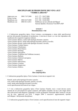 Disciplinare Di Produzione Dei Vini a Igt “Terre Lariane”